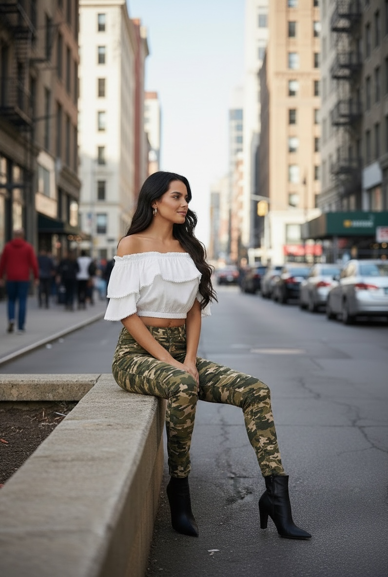 Woman in white top and camouflage pants sitting on a city street curb.