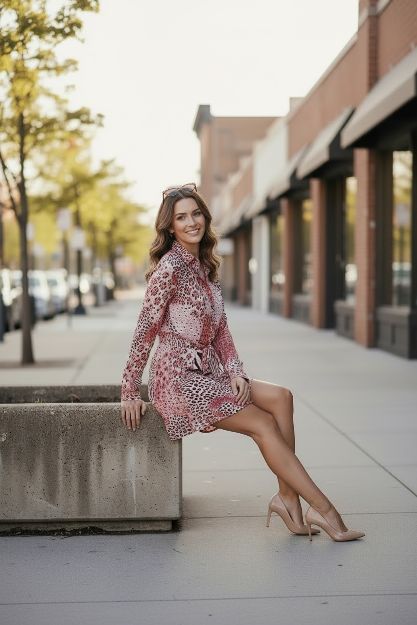Marbled Rose Mini Dress in abstract animal print with button front and tie waist