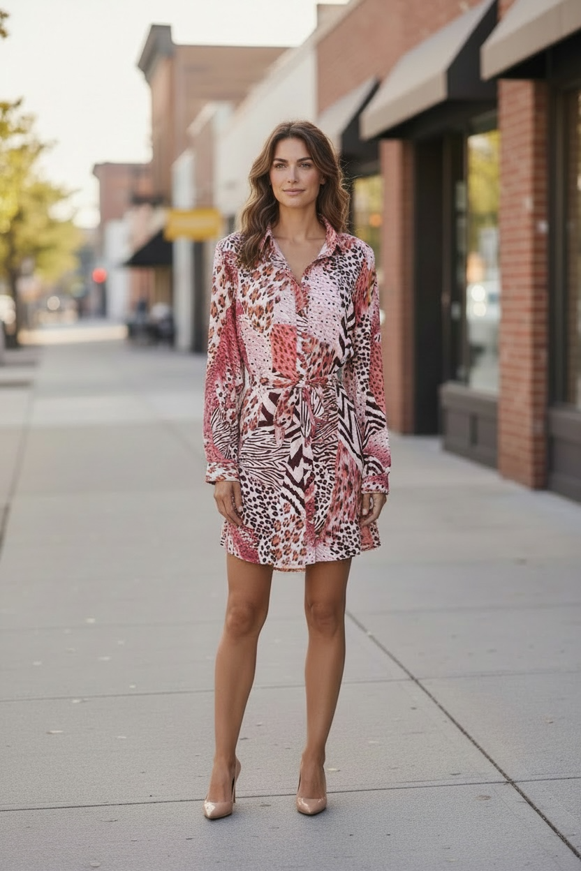 Woman wearing Marbled Rose Mini Dress standing on a sidewalk with buildings in the background