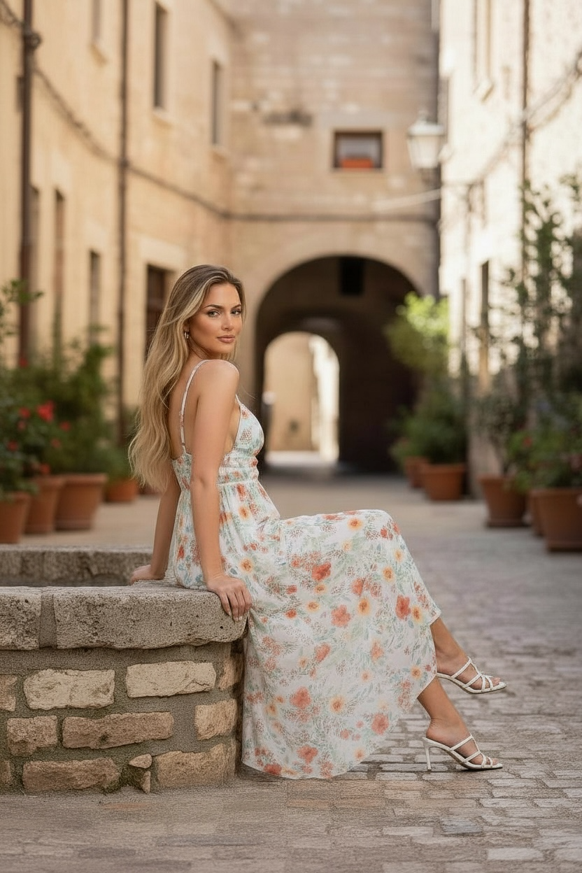 Woman in a floral Provence Bloom Dress sitting on stone steps in an old town setting