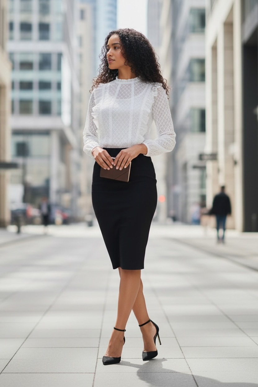 Woman in a white Opaline Ruffle Bodysuit and black skirt standing on a city street.
