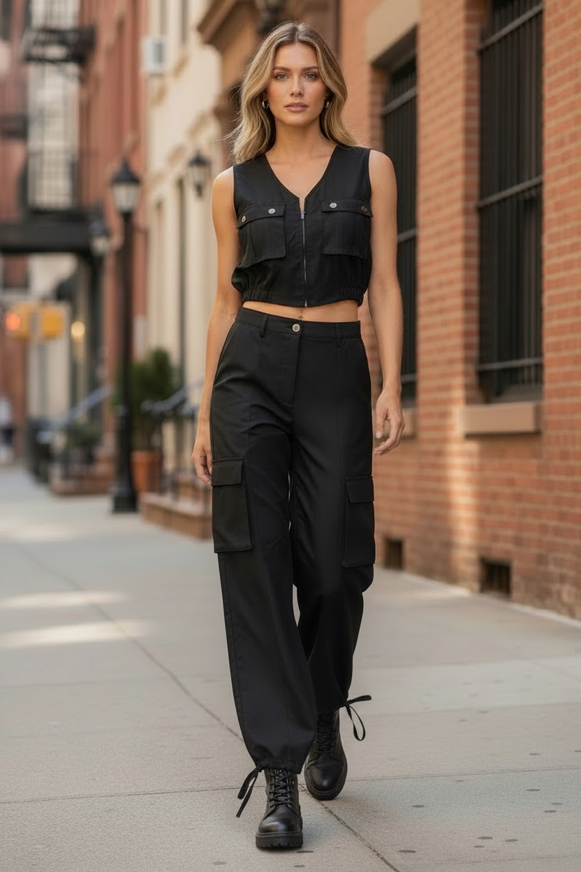 Woman in black sleeveless top and cargo pants walking on a city street.