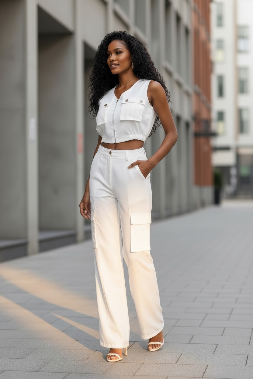 Woman in a white outfit standing on a city street.