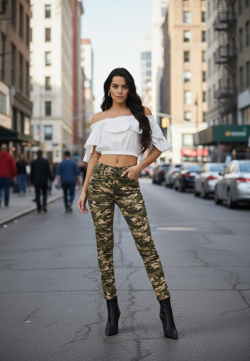 Woman in white top and camouflage pants standing on a city street.