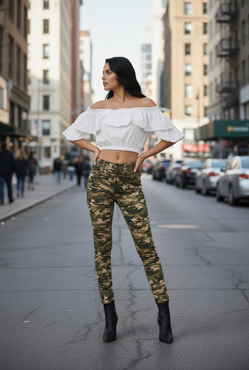 Woman in a white off-shoulder top and camouflage pants standing on a city street.