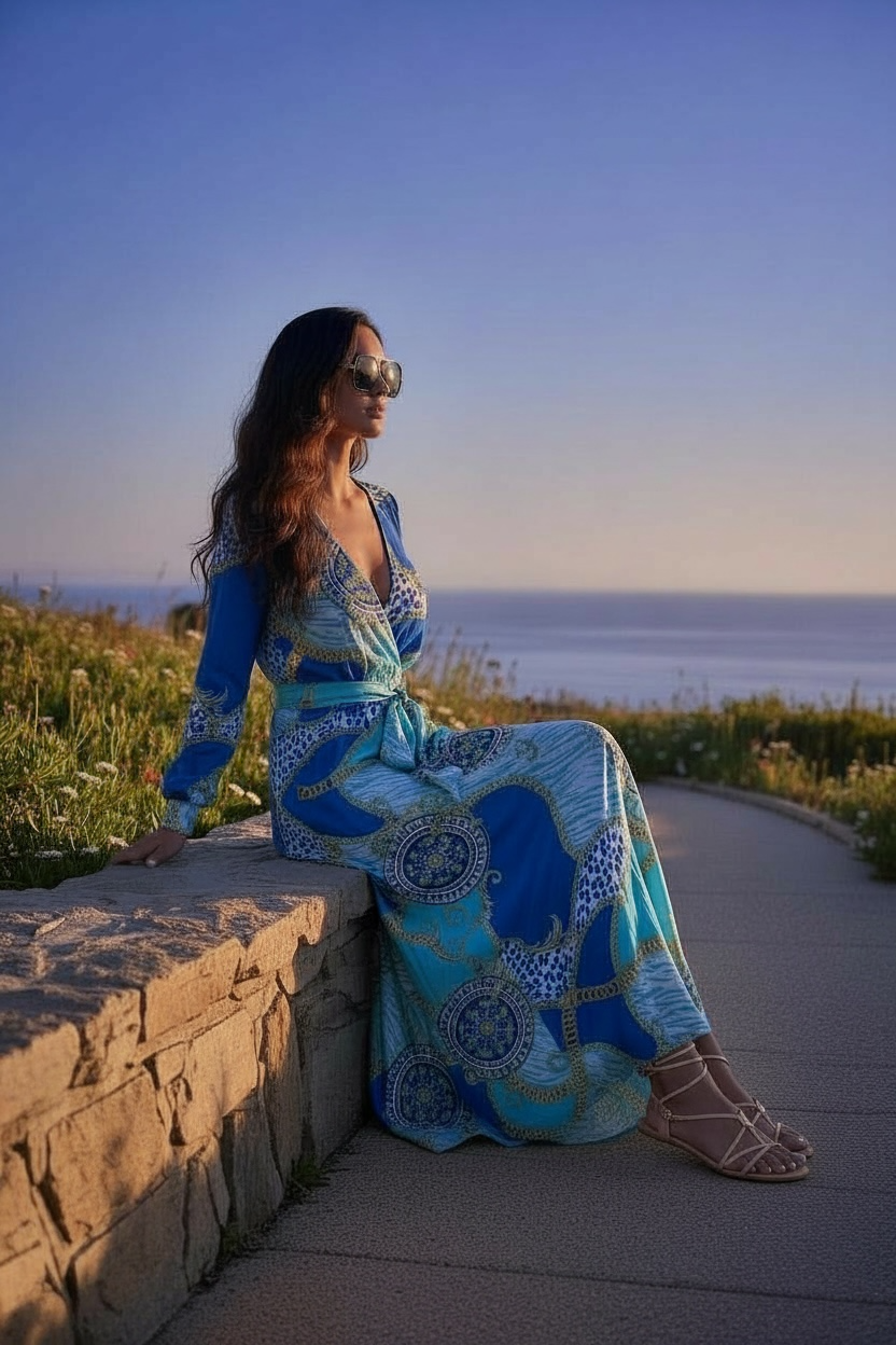 Woman in a blue patterned Capri Sapphire Maxi Dress, draped surplice neckline, self-tie waist, and subtle front slit, sitting on a stone wall by the ocean at sunset.