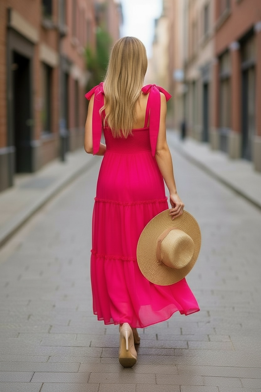 Woman in a pink dress with bow straps, lightweight fabric with a softly smocked back, walking down a street, holding a straw hat.