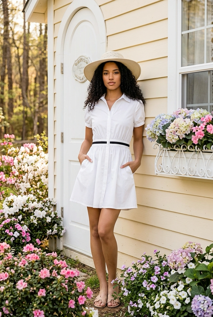 Woman in a white dress standing in front of a house with flowers around