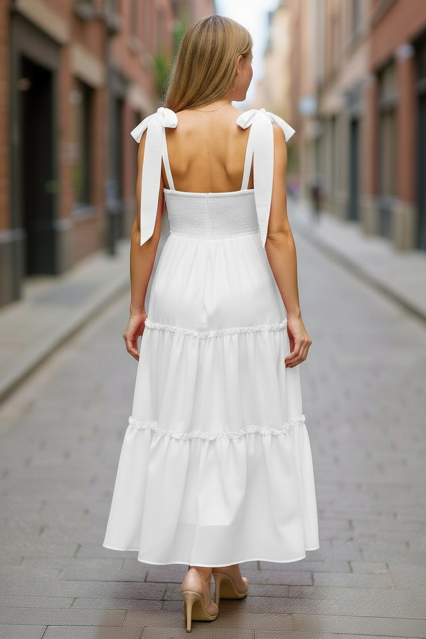 Woman wearing a white Moonstone Tourmaline Maxi Dress with bow straps on a city street.