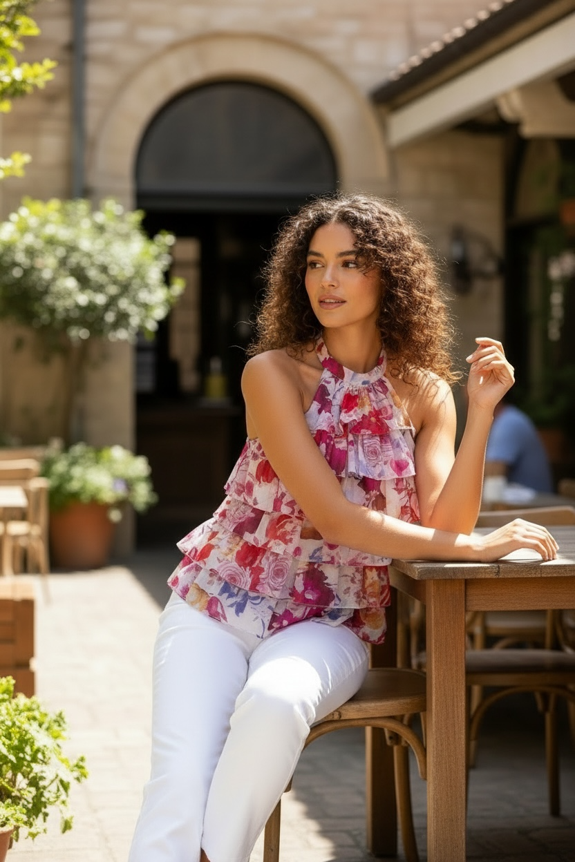 Petal Opal Halter floral ruffle top blush rose tones AURÉA