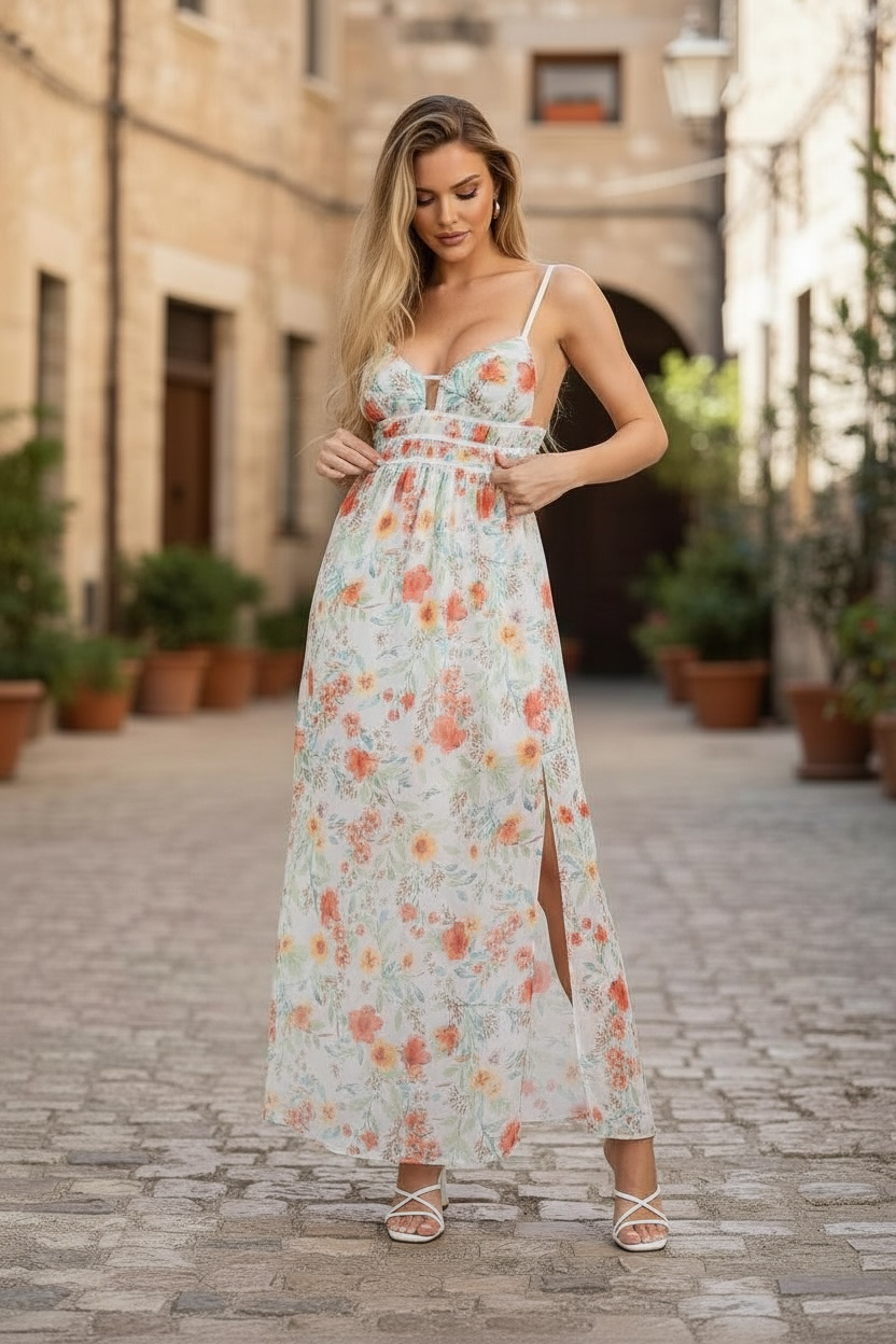Woman wearing the Provence Bloom Dress in a floral pattern standing in an alleyway with plants and buildings