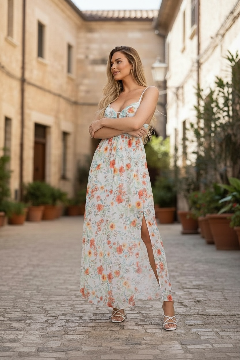 Woman in a floral Provence Bloom Dress standing in an outdoor setting with potted plants and buildings.