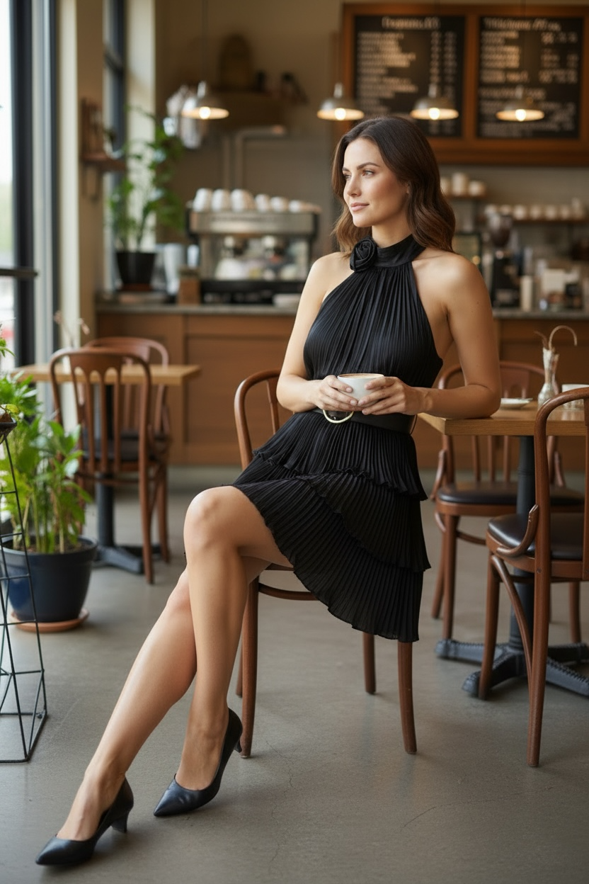 Close-up of dimensional rosette collar detail on black satin halter dress