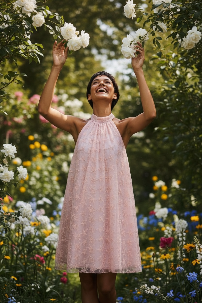 Whisper Rose Mini Dress with a graceful halter neckline, sleeveless silhouette features subtle crochet floral texture