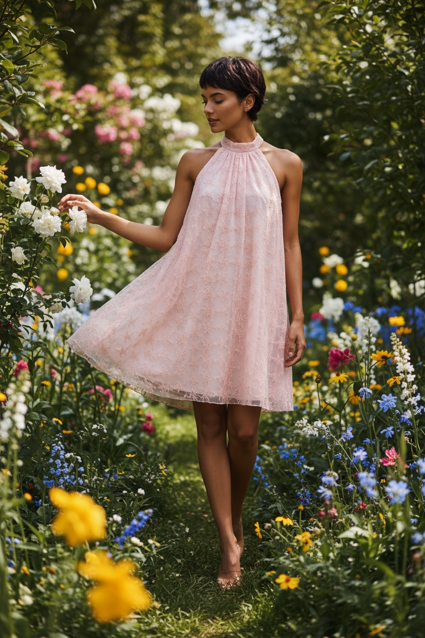 Woman in a pink dress, Whisper Rose Mini, standing in a garden filled with colorful flowers