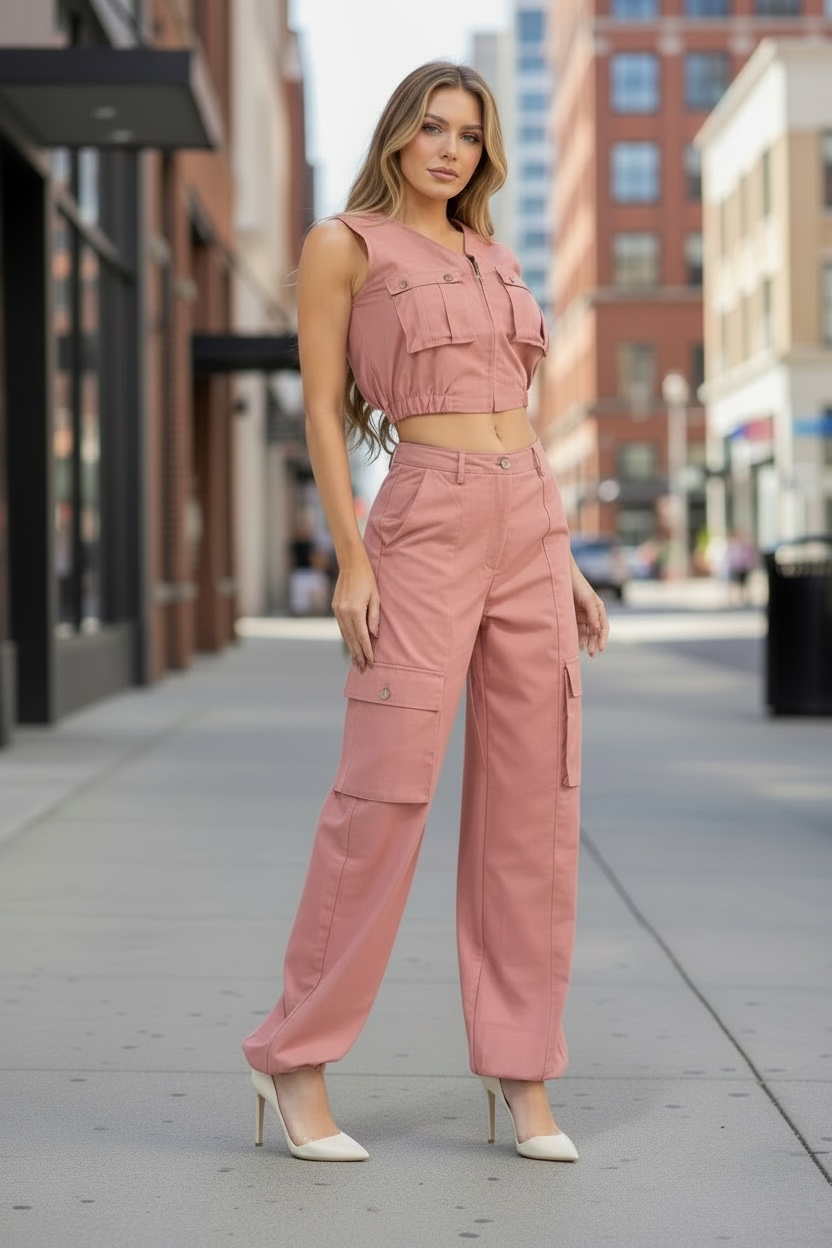 Woman in a pink outfit standing on a city street.