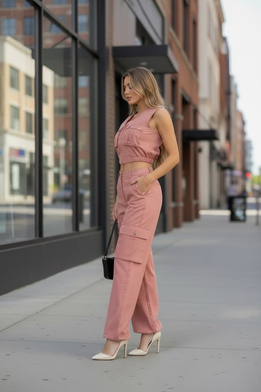 Woman in a pink outfit standing on a city street