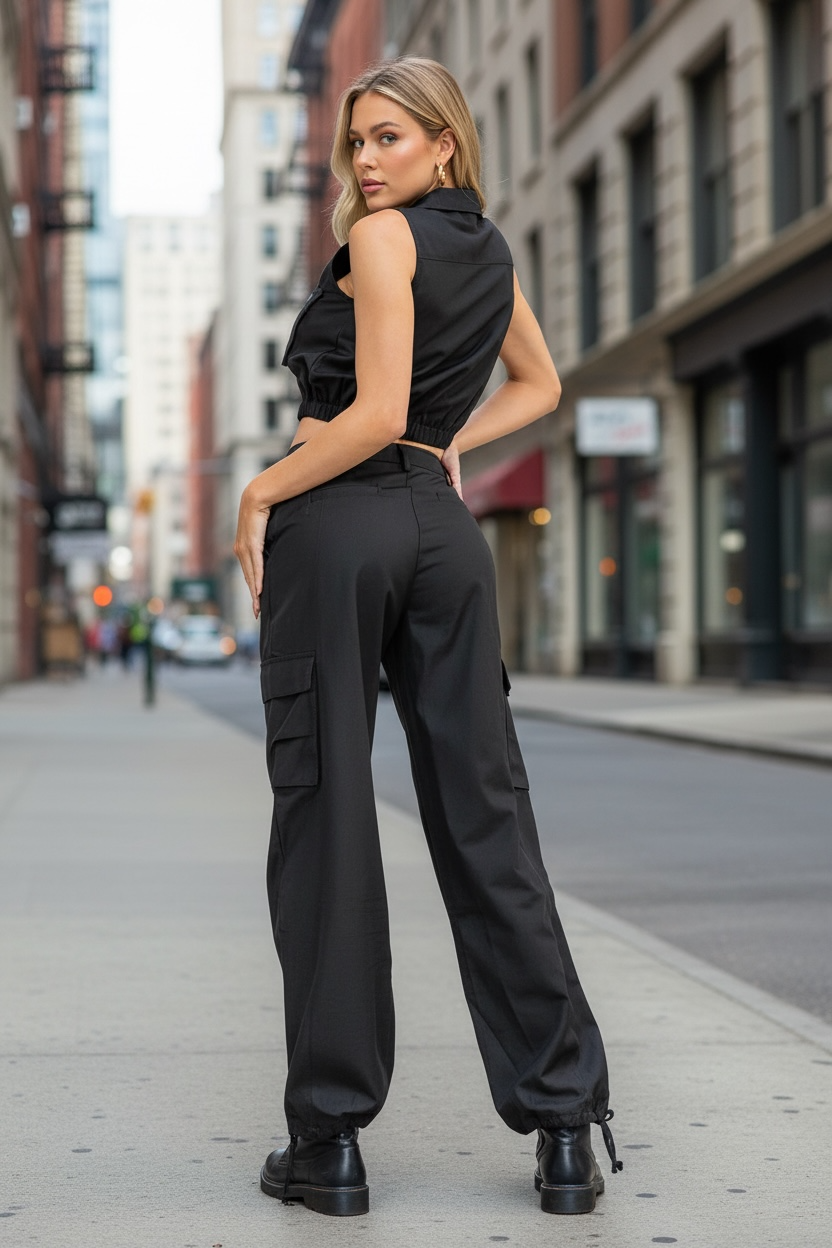 Woman in a black sleeveless top and cargo pants standing on a city street.