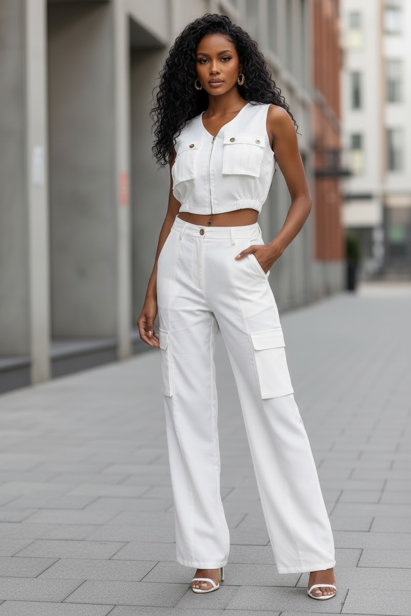 Woman wearing a white outfit with a crop top and high-waisted pants on a city street.